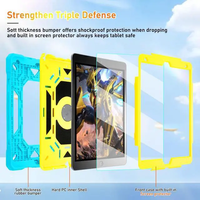 Alt view image 3 of 7 - for iPad 9th/8th/7th Generation Case, iPad 10.2 Case 2021/2020/2019, Rugged Heavy Duty Shockproof Protective Kids Case with Screen Protector/360° Rotating Folding Stand/Pencil Holder/Shoulder Strap
