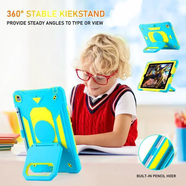 Alt view image 6 of 7 - for iPad 9th/8th/7th Generation Case, iPad 10.2 Case 2021/2020/2019, Rugged Heavy Duty Shockproof Protective Kids Case with Screen Protector/360° Rotating Folding Stand/Pencil Holder/Shoulder Strap