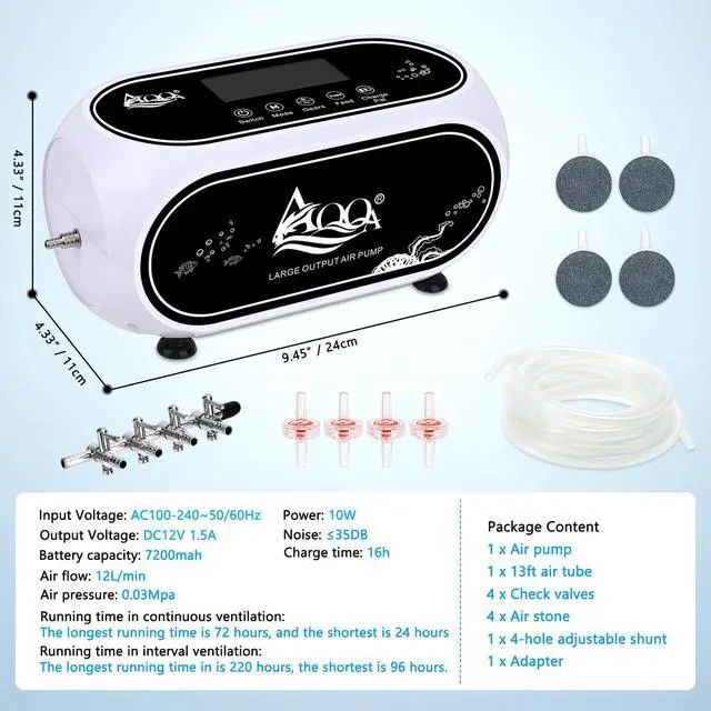Alt view image 6 of 7 - 10W Rechargeable Aquarium Air Pump, Portable Battery Powered Fish Tank Aerator with 5 Outlets and Power Bank Function, 80-200 Hrs Runtime, Ultra Quiet Oxygen Pump for Large Tank 50-200 Gallon
