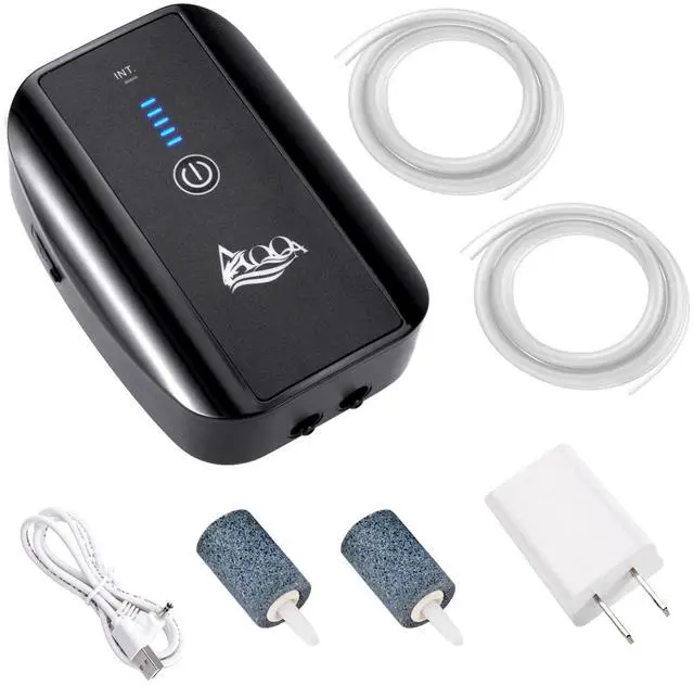 Main image of Aquarium Air Pump, Battery Rechargeable Portable Bubbles Oxygen Pump for Fresh & Saltwater Aquariums with Air Stone, Tubes, USB Cable and Adapter (2.5 W for 1-140Gal Tank)