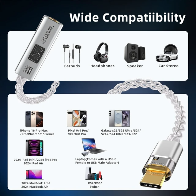 Alt view image 7 of 7 - USB C to 3.5mm Audio Adapter Equipped with Dual DAC Chip CX31993&MAX97220, Audio Dongle with HiFi Amplifier, USB C to 3.5mm Headphone Aux Converter & USB A Adapter for Android iPhone iPad PC Mac