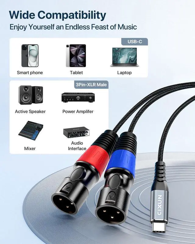 Alt view image 4 of 7 - USB C to Dual XLR Male Audio Cable, 32Bit/384Khz Male XLR to USB C Cable Output Stereo Cord, Type USB to Cable Adapter for Speaker Power Amplifier, Mixer Console (1M/ 3.3FT)