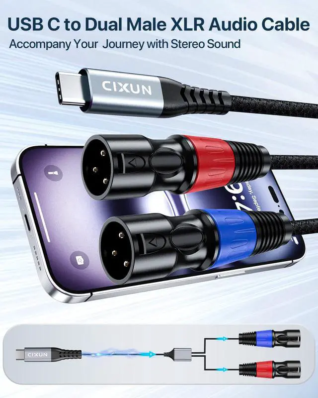 Alt view image 2 of 7 - USB C to Dual XLR Male Audio Cable, 32Bit/384Khz Male XLR to USB C Cable Output Stereo Cord, Type USB to Cable Adapter for Speaker Power Amplifier, Mixer Console (1M/ 3.3FT)