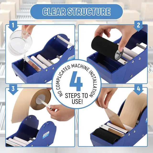 Alt view image 2 of 7 - Water-Activated Tape Dispenser, Manual Kraft Gum Tape Dispenser, Width Adjustable 1.18-3.15", Light Weight & Portable Packing Tape Dispenser Set, Blue