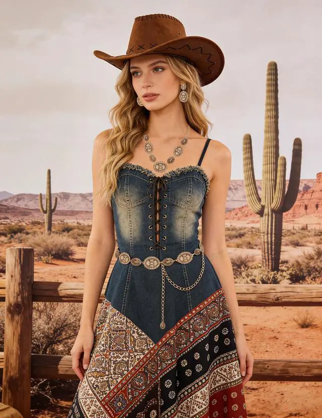 Alt view image 3 of 7 - Gold Western Belts for Woman Metal Concho Chain Belt Adjustable Cowgirl Belt for Dresses Jeans Boho Country Concert Outfit