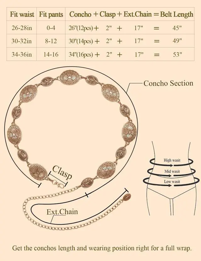 Alt view image 5 of 7 - Gold Western Belts for Woman Metal Concho Chain Belt Adjustable Cowgirl Belt for Dresses Jeans Boho Country Concert Outfit