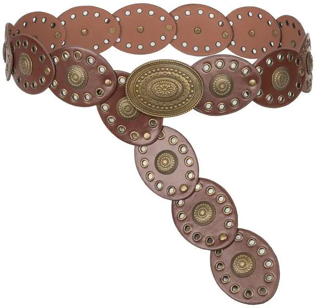 Main image of Womens Wide Western Cowboy Disc Belt Vintage Cowgirl Concho Leather Belts Boho Style for Jeans Dress Skirt