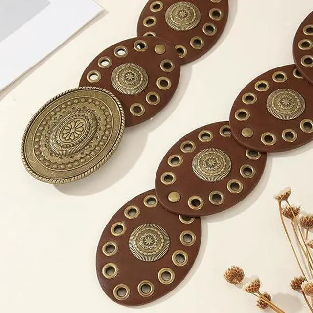 Alt view image 4 of 6 - Womens Wide Western Cowboy Disc Belt Vintage Cowgirl Concho Leather Belts Boho Style for Jeans Dress Skirt