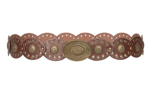 Alt view image 5 of 6 - Womens Wide Western Cowboy Disc Belt Vintage Cowgirl Concho Leather Belts Boho Style for Jeans Dress Skirt
