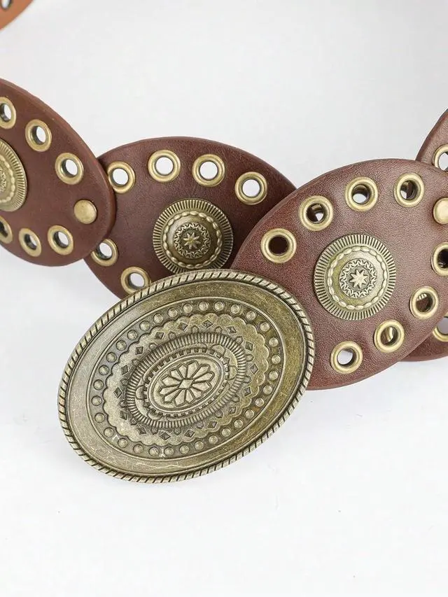 Alt view image 6 of 6 - Womens Wide Western Cowboy Disc Belt Vintage Cowgirl Concho Leather Belts Boho Style for Jeans Dress Skirt