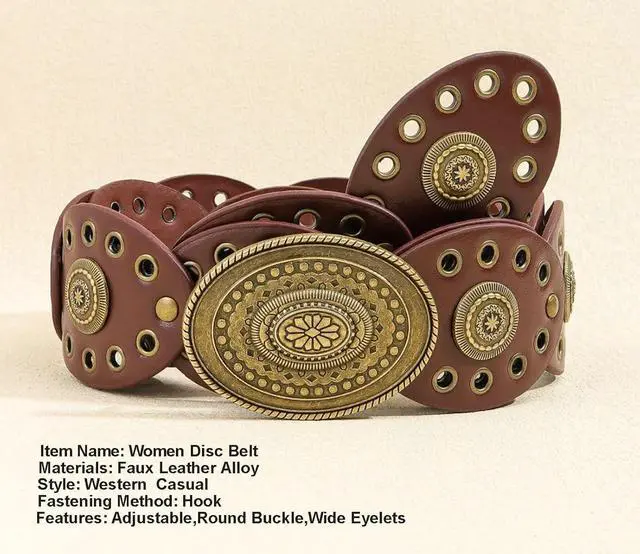 Alt view image 3 of 6 - Womens Wide Western Cowboy Disc Belt Vintage Cowgirl Concho Leather Belts Boho Style for Jeans Dress Skirt