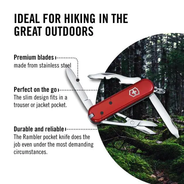 Alt view image 5 of 6 - Rambler Swiss Army Knife, Compact, 10 Functions, Swiss Made Pocket Knife with Magnetic Phillips Screwdriver, Scissors and Tweezers - Red