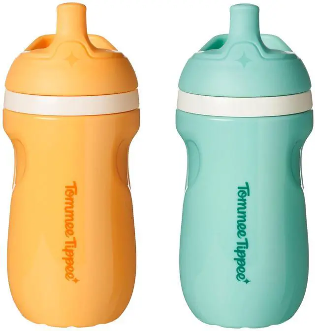 Main image of Insulated 9oz Sporty Spout Toddler Water Bottle, No Spill, Sippy Cups for Toddlers 1-3, Two-Piece Valve Helps Stop Spills, Light Blue & Orange, BPA Free, Pack of 2