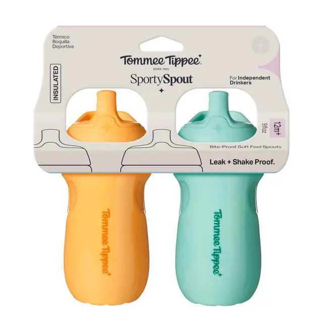 Alt view image 6 of 6 - Insulated 9oz Sporty Spout Toddler Water Bottle, No Spill, Sippy Cups for Toddlers 1-3, Two-Piece Valve Helps Stop Spills, Light Blue & Orange, BPA Free, Pack of 2