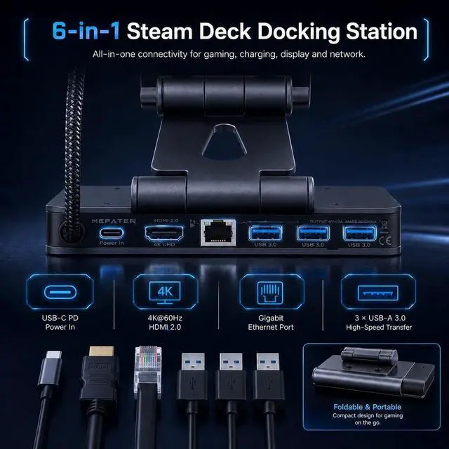 Alt view image 7 of 7 - Docking Station Steam Deck Dock: Adjustable Stand 6-in-1 Hub Stream Deck Accessories with HDMI 2.0 4K@60Hz TV/1Gb Ethernet/3*USB-A 3.0/PD 3.0 Fast Charging for Steam, iPad,Other Smart Phones Black