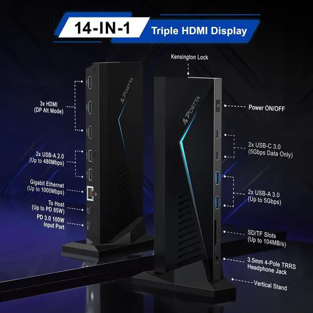 Alt view image 2 of 7 - 14 in 1 Docking Station Triple Display, HDMI x3, USB x6, RJ45, SD/TF, 100W PD, Audio/Mic, Support Single/Dual 4K@60Hz, Triple 4K@30Hz, Compatible with Windows SST/MST, Plug & Play