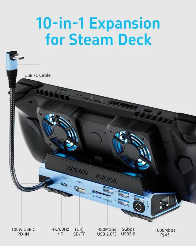 Alt view image 2 of 7 - Detachable Dual Cooling Fans 15 in 1 Steam Deck Docking Station with 4K@60Hz 4 USB Ports,1000Mbps,SD/TF Slot,USB-C 100W PD,HD2.0 40Gbps Adapter for Steam Deck/Rog Ally/Switch/Legion Go