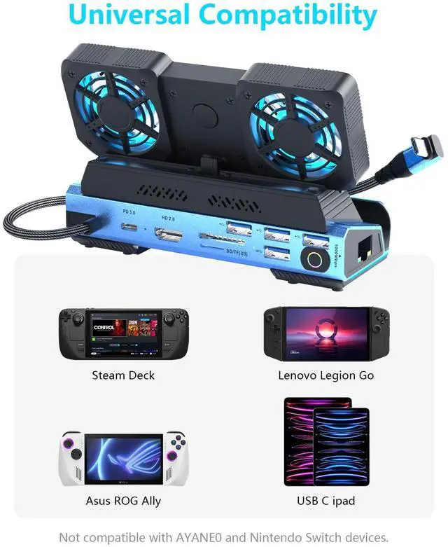 Alt view image 7 of 7 - Detachable Dual Cooling Fans 15 in 1 Steam Deck Docking Station with 4K@60Hz 4 USB Ports,1000Mbps,SD/TF Slot,USB-C 100W PD,HD2.0 40Gbps Adapter for Steam Deck/Rog Ally/Switch/Legion Go