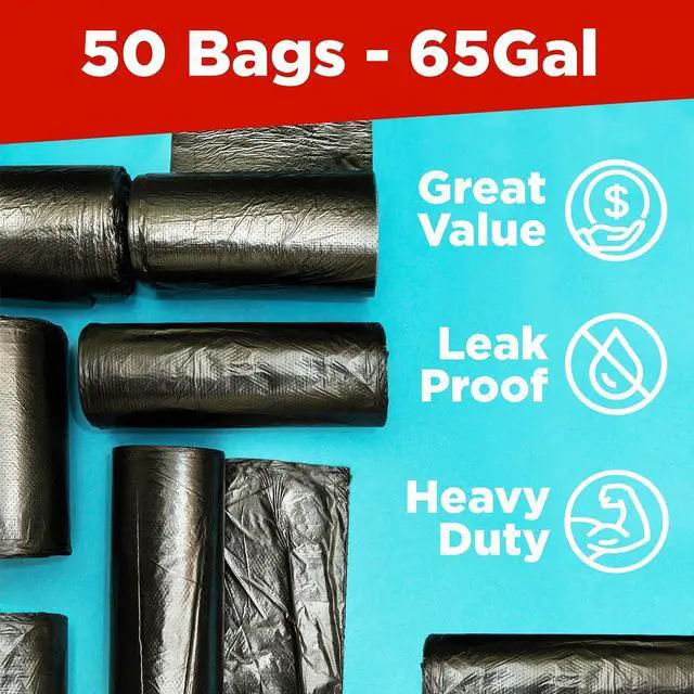 Alt view image 3 of 7 - 65 Gallon Commercial Trash Bags, 50x60 Large Black Outdoor Garbage Bags, Heavy Duty (50 Count) For Custodians, Landscapers, Contractors, and Toter Liner, Made In USA