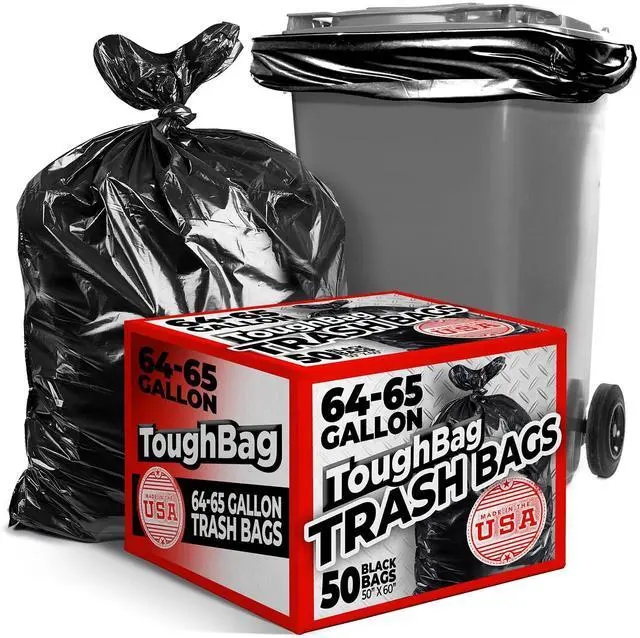 Main image of 65 Gallon Commercial Trash Bags, 50x60 Large Black Outdoor Garbage Bags, Heavy Duty (50 Count) For Custodians, Landscapers, Contractors, and Toter Liner, Made In USA