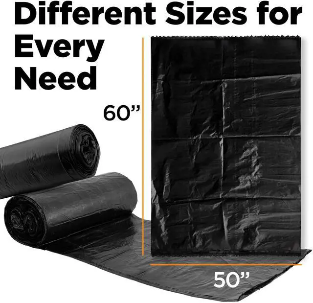 Alt view image 2 of 7 - 65 Gallon Commercial Trash Bags, 50x60 Large Black Outdoor Garbage Bags, Heavy Duty (50 Count) For Custodians, Landscapers, Contractors, and Toter Liner, Made In USA