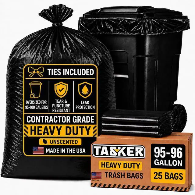 Main image of 95 Gallon Contractor Garbage Bags - 2 Mil Extra Heavy Duty Trash Bags - 96-100 Gallon Trash Can Liners, Industrial Trash Bags with Ties - 25 Count