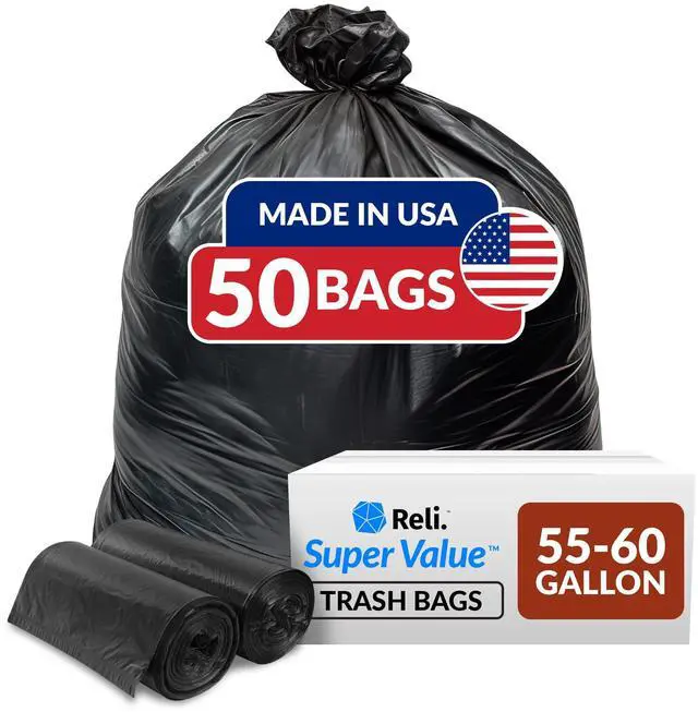 Main image of 55-60 Gallon Trash Bags Heavy Duty | 50 Bags | 50-60 Gallon | Large Black Garbage | Made in USA