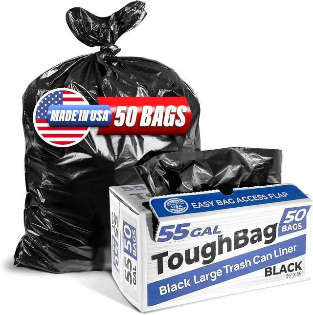 Main image of 55 Gallon Trash Bags, 55-60 Gallon Trash Bags Heavy Duty (50 COUNT) - Large Black Trash Can Liners, 50-60 Gal for Contractors, Commercial, and Lawn - Made in USA