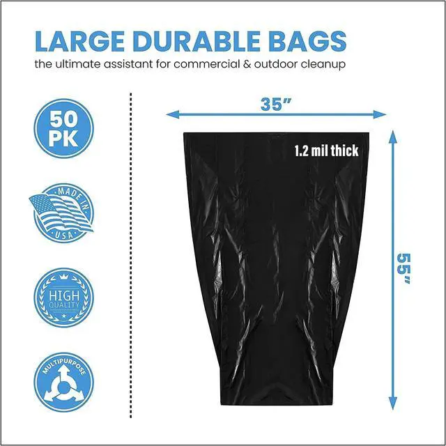 Alt view image 2 of 7 - 55 Gallon Trash Bags, 55-60 Gallon Trash Bags Heavy Duty (50 COUNT) - Large Black Trash Can Liners, 50-60 Gal for Contractors, Commercial, and Lawn - Made in USA
