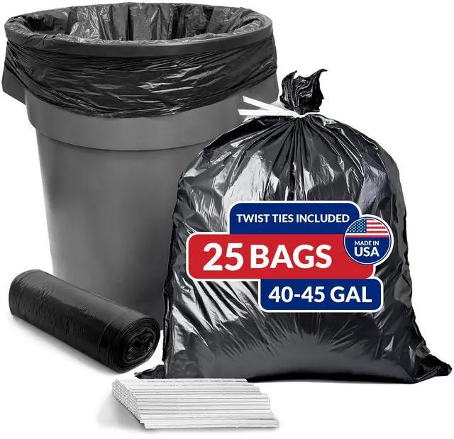 Main image of 45 Gallon Trash Bags Heavy Duty (25 Count) | Black | Twist Ties Included | Extra Tough, Leak-Proof Garbage Bags | Ideal for Large Clean Ups