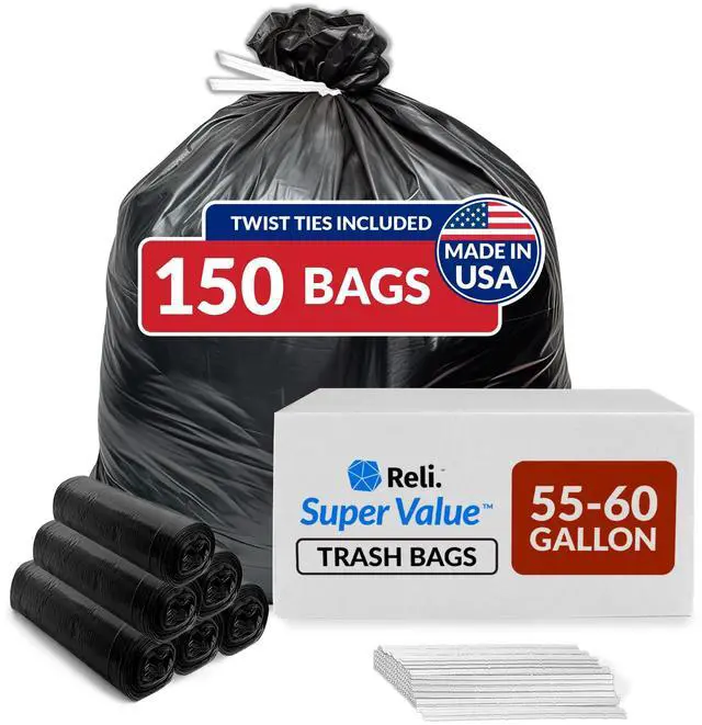 Main image of 55-60 Gallon Trash Bags Heavy Duty | 150 Trash Bags with Ties | Super Sizeable, Black, Serious Garbage Cleanup