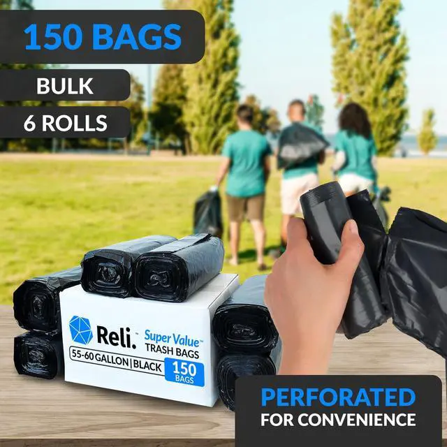 Alt view image 3 of 7 - 55-60 Gallon Trash Bags Heavy Duty | 150 Trash Bags with Ties | Super Sizeable, Black, Serious Garbage Cleanup