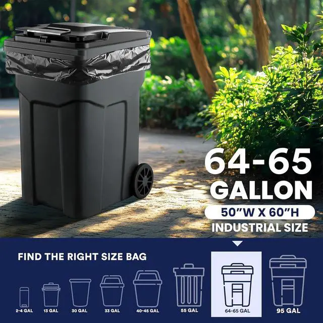Alt view image 4 of 7 - 64-65 Gallon Black Trash Bags, Heavy Duty Toter Can Liners, Tear & Leak-Proof, Industrial Strength, 25 Count, Large Garbage Bags for Kitchen & Commercial Use 1.2 Mil, 50" x 60"