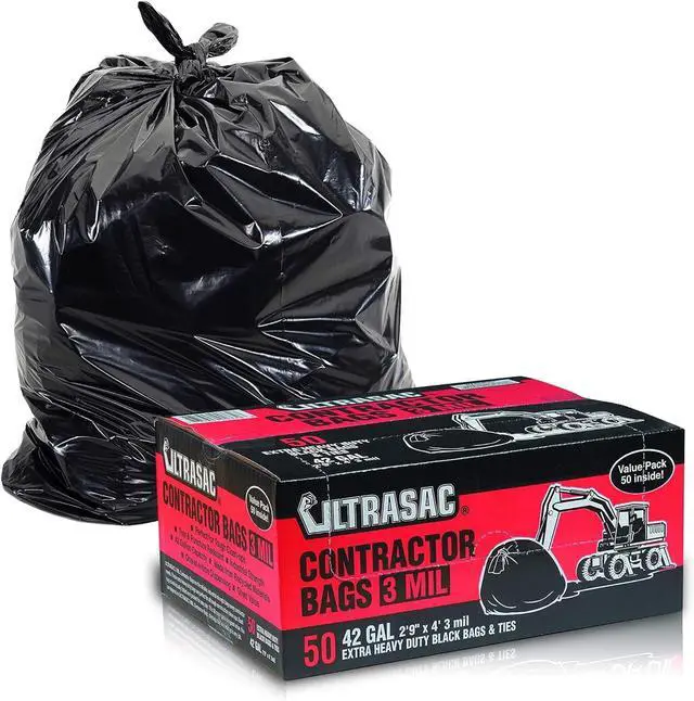 Main image of Heavy Duty Contractor Bags (VALUE 50 PACK/w TIES), 42 Gallon, 32.75" X 47" - 3 MIL Thick Large Black Industrial Garbage Trashbags for Construction and Commercial use