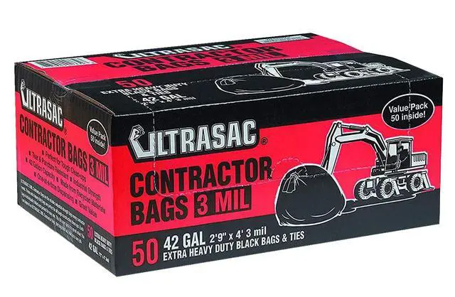 Alt view image 6 of 6 - Heavy Duty Contractor Bags (VALUE 50 PACK/w TIES), 42 Gallon, 32.75" X 47" - 3 MIL Thick Large Black Industrial Garbage Trashbags for Construction and Commercial use