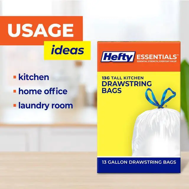 Alt view image 4 of 6 - Essentials Drawstring 13 Gallon Kitchen Trash Bags, 120 Count, Tall Unscented Trash Bags for Kitchens, Home Offices, or Laundry Rooms, Easy to Tie, Lift, and Carry, White