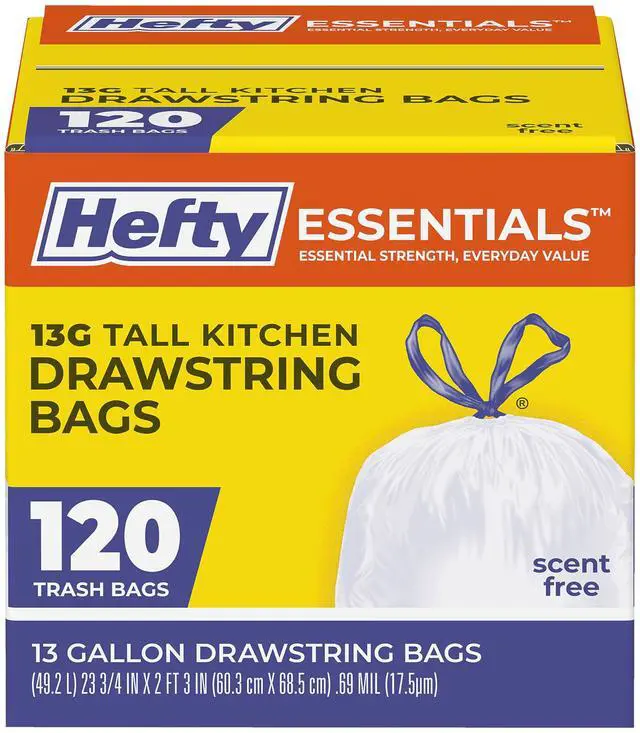 Main image of Essentials Drawstring 13 Gallon Kitchen Trash Bags, 120 Count, Tall Unscented Trash Bags for Kitchens, Home Offices, or Laundry Rooms, Easy to Tie, Lift, and Carry, White
