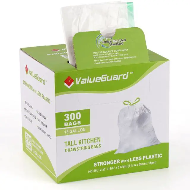 Main image of Large Trash Bags 13 Gallon Tall Drawstring 100% Post-Consumer Recycled Garbage Bag Waste Bag for Kitchen Office 0.6 Mil (300 Count)