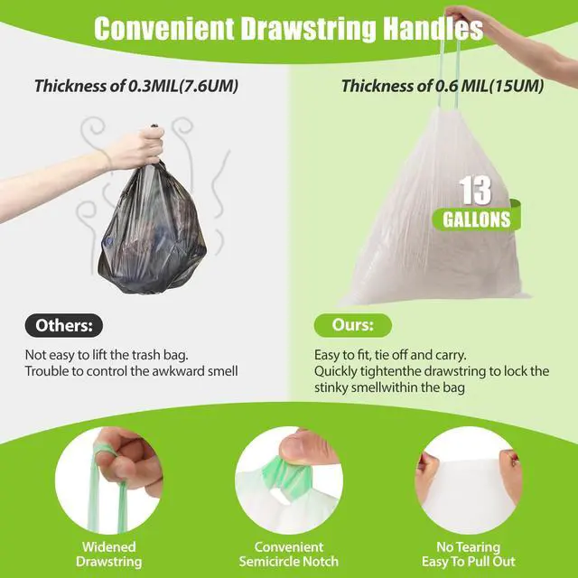 Alt view image 2 of 7 - Large Trash Bags 13 Gallon Tall Drawstring 100% Post-Consumer Recycled Garbage Bag Waste Bag for Kitchen Office 0.6 Mil (300 Count)