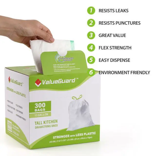 Alt view image 5 of 7 - Large Trash Bags 13 Gallon Tall Drawstring 100% Post-Consumer Recycled Garbage Bag Waste Bag for Kitchen Office 0.6 Mil (300 Count)