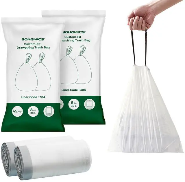 Main image of Trash Bags, Drawstring Kitchen Garbage Bags, Pre-Separated, Box-Free Pack, for 8-Gallon (30 L) Trash Cans, Liner Code 30A, 2 Rolls, 90 Count, White UKRB30A02