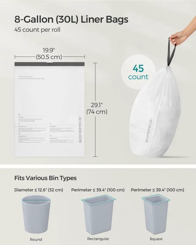 Alt view image 6 of 7 - Trash Bags, Drawstring Kitchen Garbage Bags, Pre-Separated, Box-Free Pack, for 8-Gallon (30 L) Trash Cans, Liner Code 30A, 2 Rolls, 90 Count, White UKRB30A02