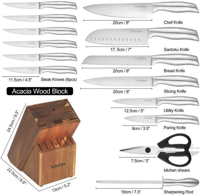 Alt view image 2 of 7 - Knife Sets for Kitchen with Block, 15 Piece Kitchen Knife Set, Ultra Sharp Chef Knife Set for Kitchen, High Carbon Stainless Steel Knife Block Set with Sharpener, Silver