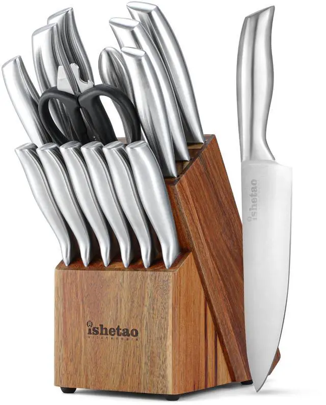 Main image of Knife Sets for Kitchen with Block, 15 Piece Kitchen Knife Set, Ultra Sharp Chef Knife Set for Kitchen, High Carbon Stainless Steel Knife Block Set with Sharpener, Silver
