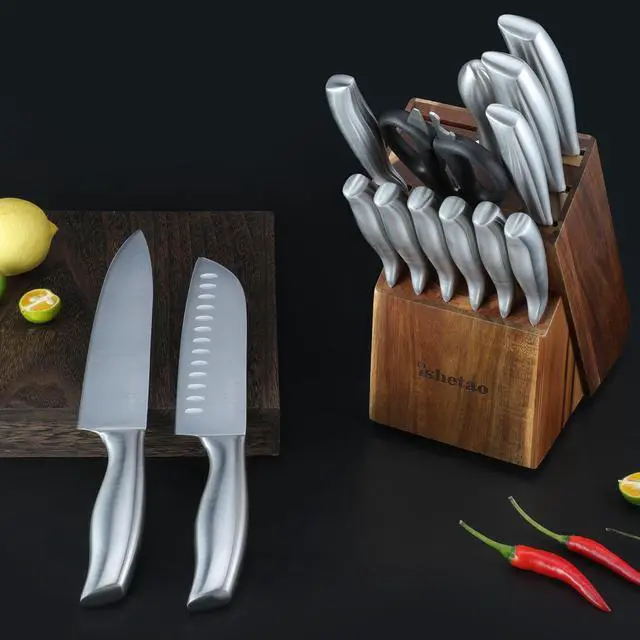 Alt view image 6 of 7 - Knife Sets for Kitchen with Block, 15 Piece Kitchen Knife Set, Ultra Sharp Chef Knife Set for Kitchen, High Carbon Stainless Steel Knife Block Set with Sharpener, Silver