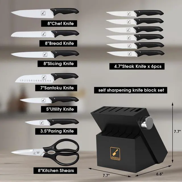 Alt view image 5 of 6 - 14-Piece Premium Knife Block Set, Black Kitchen Knife Set with Block and Build-in Sharpener, High-Carbon Stainless Steel Knives for Lasting Sharpness, Dishwasher Safe, Gift for Men