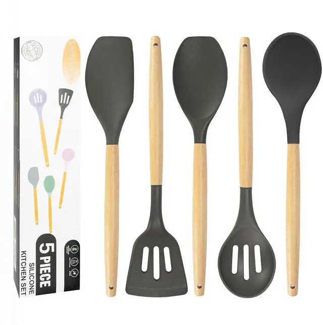 Main image of Non-Stick Silicone Cooking Utensils Set, 5 Pcs with Wooden Handle, Heat Resistant Silicone Kitchen Gadgets (Gray)
