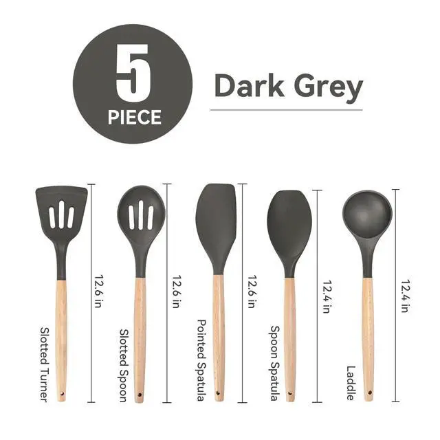 Alt view image 3 of 7 - Non-Stick Silicone Cooking Utensils Set, 5 Pcs with Wooden Handle, Heat Resistant Silicone Kitchen Gadgets (Gray)