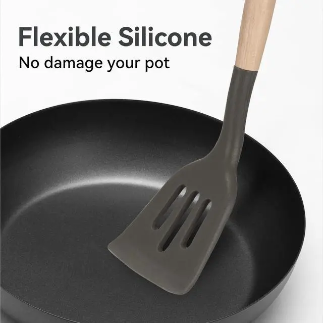 Alt view image 4 of 7 - Non-Stick Silicone Cooking Utensils Set, 5 Pcs with Wooden Handle, Heat Resistant Silicone Kitchen Gadgets (Gray)