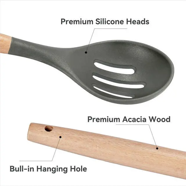 Alt view image 6 of 7 - Non-Stick Silicone Cooking Utensils Set, 5 Pcs with Wooden Handle, Heat Resistant Silicone Kitchen Gadgets (Gray)
